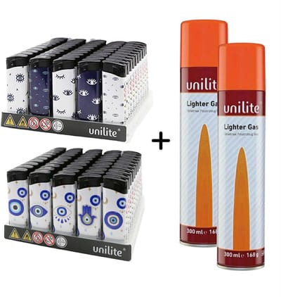 Aanstekers 100 stuks - Unilite - Hoge kwaliteit klik aansteker - navulbaar - goud en universe print - met 2x gasflessen