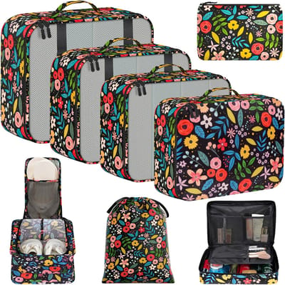SnelShoppen - 8-delige Packing Cubes Set - Luggage Organizer Tassen voor Reisaccessoires - Waterafstotend - Zwart met Bloemen - Lichtgewicht en Duurza