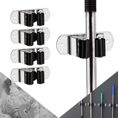 Famanu – Bezemhouder wandmontage set van 4 – Heavy-duty RVS schroefmontage, stevige wandorganizer voor bijkeuken en waskast – Voor keuken, badkamer, tuin en berging
