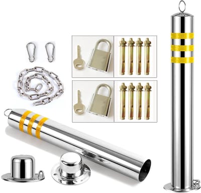 Parkeerpaal Set - Afzetpaal Waarschuwingsketting - Parkeerplaats Beveiligen - Reflecterende Folie - 2 Stuks 5m Ketting - Geel