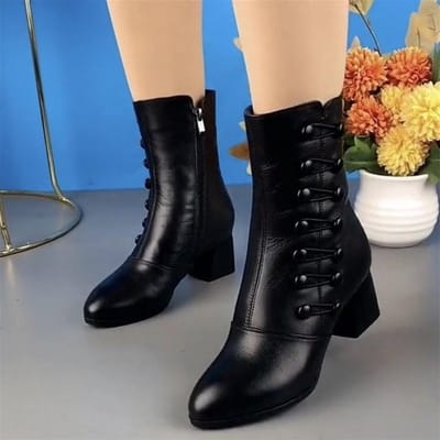 Engelse Stijl Enkellaarsjes Dames Leer Korte Laars Knoop Lente Dame Elegant Avondfeest Hoge Hak Schoenen Puntige Neus Botas 35 zwart