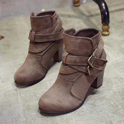 Riemgesp Dikke Hak Dames Laarzen Vintage Enkellaarsjes Herfst Suède Ronde Neus Casual Hoge Hakken Leren Laarzen Dames Schoenen Nieuw 41 grijs