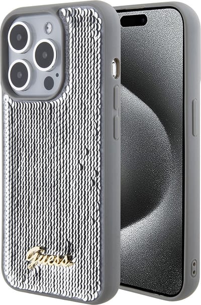 Hoesje geschikt voor Apple iPhone 15 Pro Max - Guess Sequin Script Metal Back Cover - Zilver
