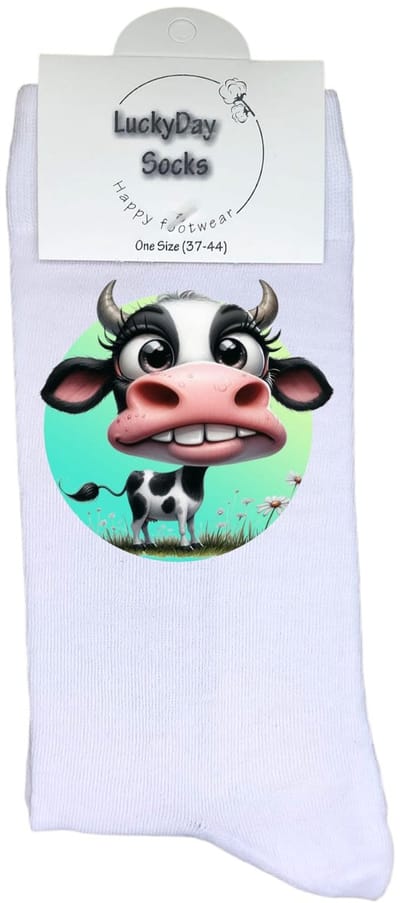 LuckyDay Socks - Koe sokken - Grappige Cadeaus voor Dames en Heren - Verjaardags cadeau vrouw en man - Vrolijke sokken - Valentijns cadeau - Grappige sokken - Leuke sokken - Leuke dames en heren sokken - Maat 37-44