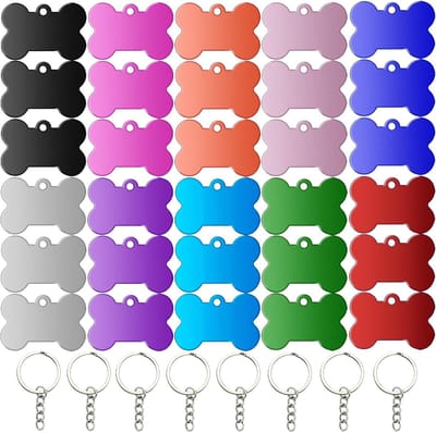 Aluminium Hondenpenning in Botvorm - 30 Stuks Lege Hondenpenningen 2.5x3.8cm - Adreslabels voor Honden en Katten, Waterdicht met Ketting voor DIY Identificatie