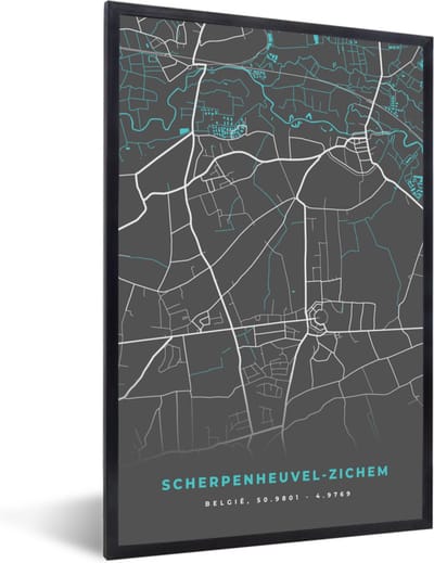 Fotolijst incl. Poster - België – Scherpenheuvel Zichem – Stadskaart – Kaart – Blauw – Plattegrond - 40x60 cm - Posterlijst