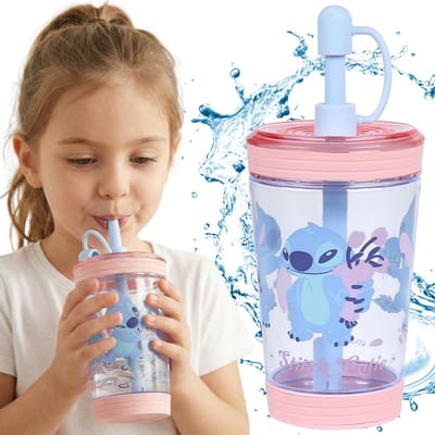 DISNEY Stitch Morsvrije beker voor koude dranken met rietje, transparant 480 ml