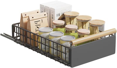 Lemlit Uitschuifbare Kastlade 39,5 x 23,5 x 11 cm - Keukenkast Organizer Zonder Boren - Telescoop Lade met Houten Handgreep voor Keuken Badkamer - Grijs