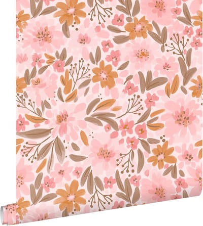 ESTAhome behang bloemen roze, oranje en vergrijsd groen - 50 x 900 cm - 130925