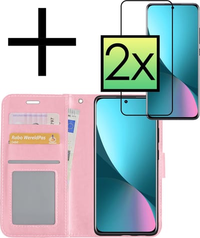 Hoesje - Met 2x Screenprotector - Geschikt voor Xiaomi 12 - Luxe Pasjeshouder - Bookcase Portemonee - Flip Case - Kunstleer Book Case - Flipcase Hoes - Book Cover - Walletcase - Portemonneehoes - Lichtroze