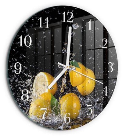 Tulup Wandklok - Citroenen Glazen Wandklok Design - 30fi cm - Geel Klok Glas Met Opdruk - Witte Handen - Ronde Wandklok - Wandklok Glas Met Motief - Decoratieve Glazen Klok