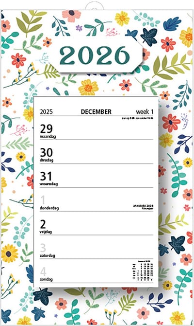 MGPcards - Week Scheurkalender 2026 - Week begint op maandag - 21 x 34 cm - Bloemen - Wit