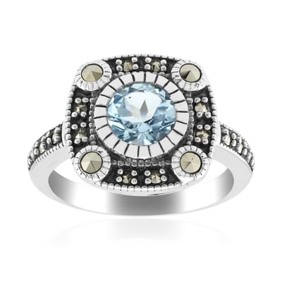 Cavill - Ring 925 Sterling Zilver met Hemelblauwe Topaas 0,89 ct en 18 Marcasieten 1,16 ct - Elegant Rond Slijpsel - Klassiek Sieraad