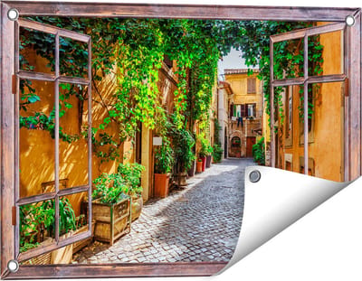 Gards Tuinposter Doorkijk Straatje in Rome met Groene Planten - 60x40 cm - Tuindoek - Tuindecoratie - Wanddecoratie buiten - Tuinschilderij