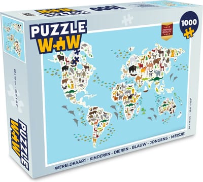 Puzzel Wereldkaart - Kinderen - Dieren - Blauw - Jongens - Meisjes - Legpuzzel - Puzzel 1000 stukjes volwassenen