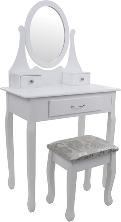 Houten kaptafel modern wit met spiegel en krukje - 75x40x137 cm - Retro & Vintage stijl