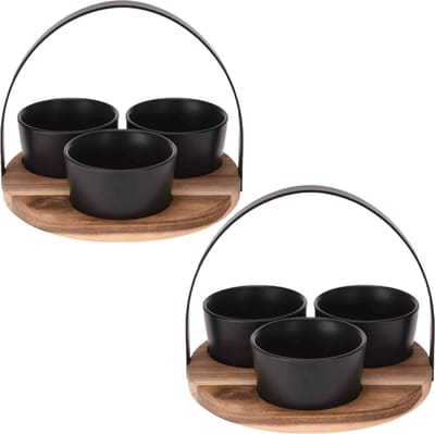 Ronde serveerplank met 3 schaaltjes - 2x - acaciahout - aardewerk - 22 cm