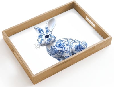 Dienblad hout 40x30 cm - Schootdienblad - Delftsblauw - Haasje - Wit - Borrelplank rechthoek - Plateau dienbladen