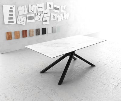 Eettafel Edge Laminam® keramiek wit 200x100cm middenvoet kruis zwart