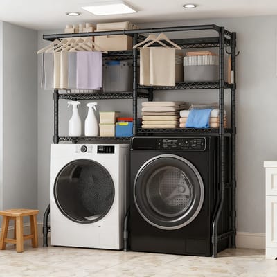 Extra Groot 6-Laags Opbergrek voor Bovenop Wasmachine – Dubbele Kolom, Verstelbare Planken, Robuust Stalen Organizer voor Wasruimte – Staande Plank