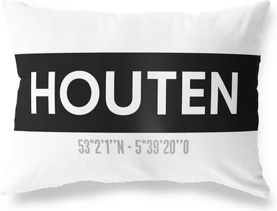 Tuinkussen HOUTEN - UTRECHT met coördinaten - Buitenkussen - Bootkussen - Weerbestendig - Jouw Plaats - Studio216 - Modern - Zwart-Wit - 50x30cm