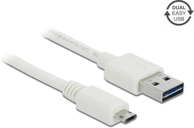 Easy-Micro USB naar Easy-USB-A kabel - USB2.0 - tot 2A / wit - 0,20 meter
