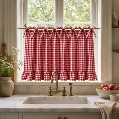 Qelus Buffalo Plaid Valletje - Tie-Up Keukengordijn - 77x55cm - Gingham Gordijn - strikbanden - ruffle rand - verstelbaar - voor keuken - RV - Rood - 1 Stuk