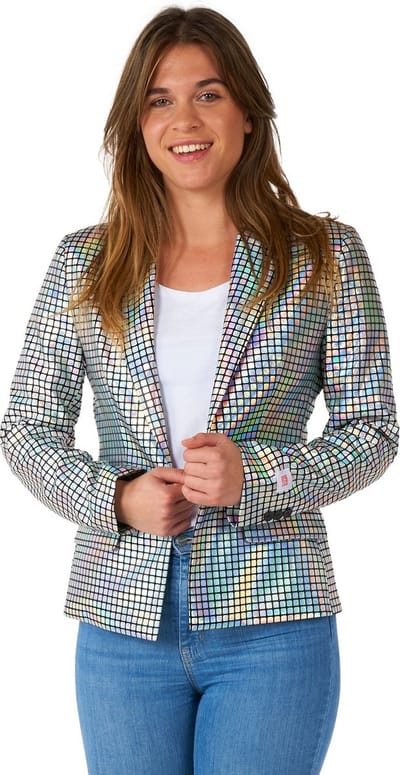 OppoSuits Discoballer - Dames Blazer - Glimmend Disco Bal Colbert - Carnavalskleding - Zilver - Maat: EU 34