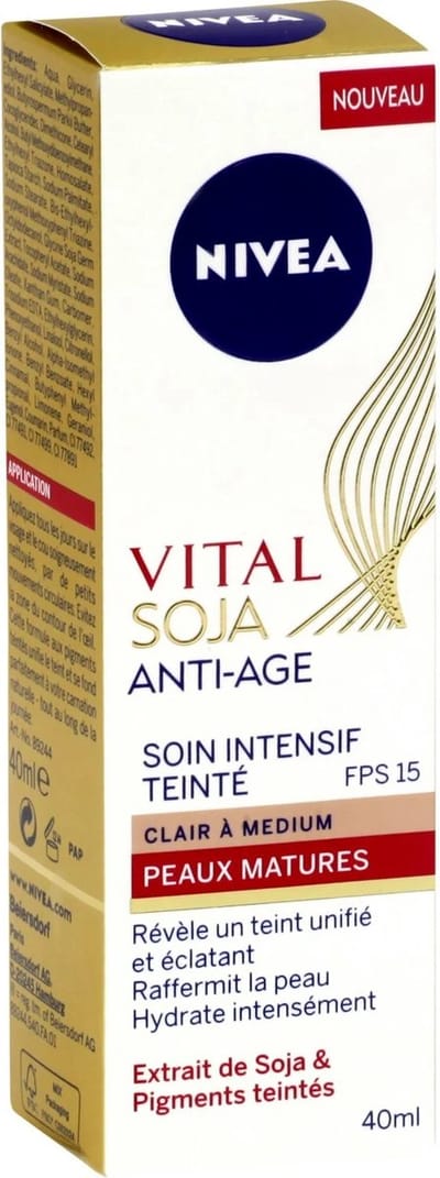 NIVEA Vital Soja Anti-Aging Intensive Care Light Tinted Medium SPF 15 (1x40 ml), anti-aging serum verrijkt met soja en gekleurde pigmenten, gezichtsbehandeling voor vrouwen met een rijpere huid