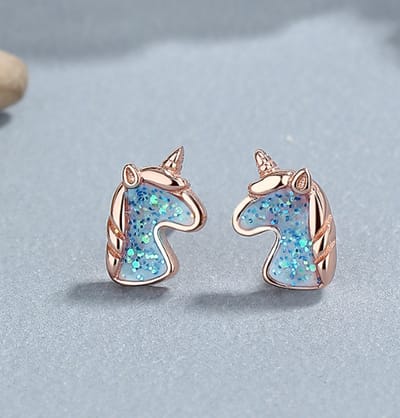 Unicorn Kinder Oorbellen voor Meisjes – 925 Zilver met Rosé Gouden Plating en Blauwe Glitter