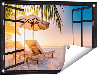 Gards Tuinposter Doorkijk Tropisch Strand tijdens Zonsondergang - 60x40 cm - Tuindoek - Tuindecoratie - Wanddecoratie buiten - Tuinschilderij