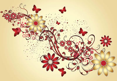 Fotobehang Flowers Butterflies Pattern Red | XL - 208cm x 146cm | 130g/m2 Vlies