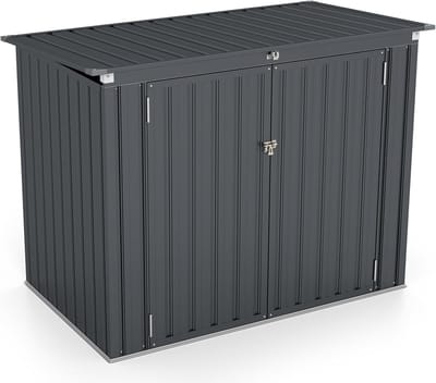 KOMFOTTEU Gereedschapsschuur van metaal, 1,5 m², gereedschapsschuur met klapdeksel en 2 deuren, 172 x 101 x 130 cm afvalcontainerbox, afvalhuis voor 2 vuilnisbakken, tuinschuur tuingereedschapsschuur voor boerderij, terras