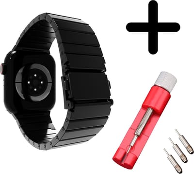 Strap-it Luxe Apple Watch bandje - Staal Titanium RVS roestvrij staal - geschikt voor iWatch serie bandjes 1/2/3/4/5/6/8/9/10/11/SE(2-3)/Ultra(2-3) met maat: 44mm / 45mm / 46mm / 49mm - vlinder sluiting - incl. horlogeband schakel inkorter - Zwart