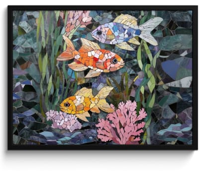 Poster in lijst - Fotolijst 70x50 cm - Posters - Vissen - Koraal - Zee - Mozaïek - Posterlijst zwart - Decoratie - Wanddecoratie woonkamer - Muurdecoratie slaapkamer