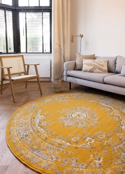 Rond Vintage Vloerkleed Keshan Geel - Rond 160 Ø - (M)