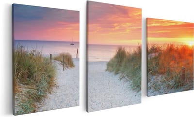 Artaza Canvas Schilderij Drieluik Strand En Duinen Bij Zonsondergang - 120x60 cm - Wanddecoratie Woonkamer - Schilderijen - Muurdecoratie