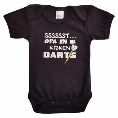Zwarte romper met "Sssssst... Opa en ik kijken darts" - maat 56 - cadeautje, kraamcadeau, grappig, geschenk, baby, tekst, darten, opadag, grootvader