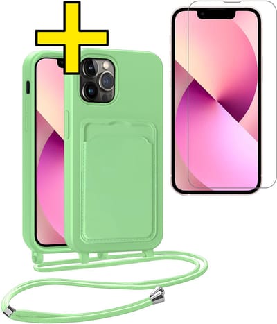 Hoesje Geschikt voor iPhone 13 Pro Telefoonhoesje Met Koord Case Pashouder Met Screenprotector Siliconen - Hoes Geschikt voor iPhone 13 Pro Hoesje Met Kaarthouder - Groen