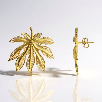 Cavill - 925 Sterling Zilveren Oorbellen - Verguld Filigraan Bladmotief - Elegante Damesoorbellen - Comfortabel 30 mm - Stijlvolle Natuurlijke Look