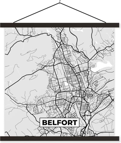 Posterhanger incl. Poster 60x60 cm - Schoolplaat - Kaart – Stadskaart – Frankrijk - Belfort - Plattegrond - Textielposter - Zwarte latten - Stadskaart