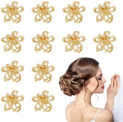 12 stuks - Haarclips - Leuke bloemvormige haarclips voor meisjes - Decoratieve haaraccessoires - Mini haarclips - Metalen haarclips - Geschikt voor fijn en dik haar - Goud
