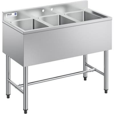 VEVOR 3-delige keukenspoelbak met spatbescherming en efficiënte afvoer (978 x 470 x 838 mm), geschikt voor restaurants, foodtrucks en privégebruik, roestvrijstalen spoelbak