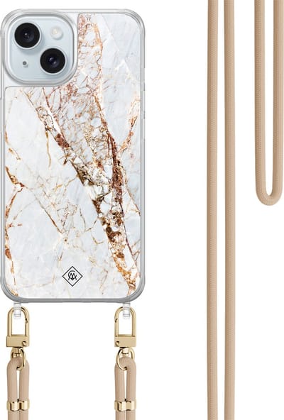 Casimoda® hoesje met beige koord - Geschikt voor iPhone 15 - Marmer Goud - Afneembaar koord - TPU/acryl - Goudkleurig
