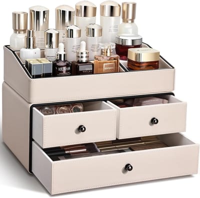 Make-up Organizer met 2 Niveaus en Lades voor Kledingkamer, Badkamer en Slaapkamer van PU Leer (Beige)