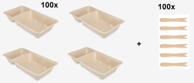 100x Frietbakje A7 met sausvak suikerrietpulp + 100x Houten snackvork + 2x sleutelhanger - Friet patat frites saus friet bakje snack next generation carnaval festival thema feest