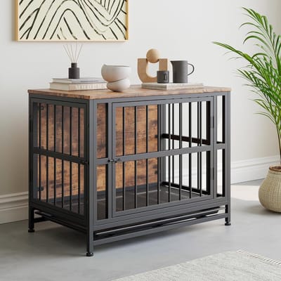 Hondenbench Meubel – Houten Hondenkooi XL – Binnenkennel met Schuifdeur – Bijzettafel – Stevig Metalen Frame – Vintage Bruin