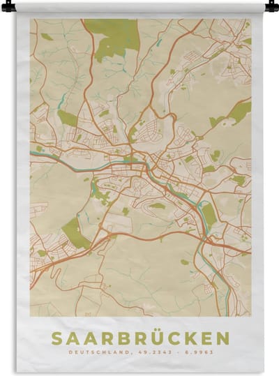 Wandkleed - Wanddoek - Saarbrücken - Plattegrond - Kaart - Vintage - Stadskaart - 120x180 cm - Wandtapijt
