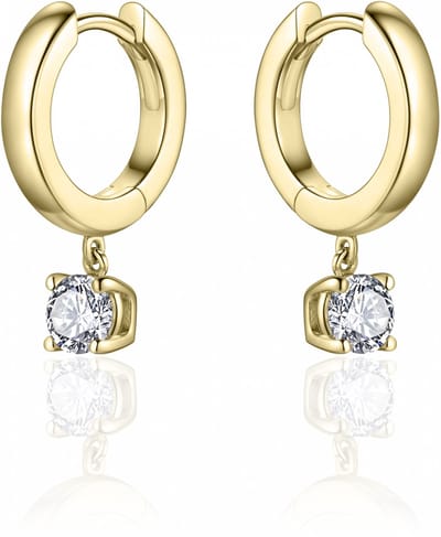 Jewels Inc. - Oorringen - Glad met schanier en beweegbare Zirkonia Steen onder de oorring - 13.5mmØ - 2mm Breed - Geelgoud VerguldZilver 925