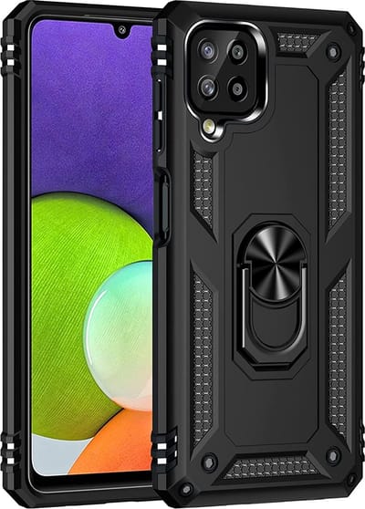 Ring Armor hoesje Geschikt voor Samsung Galaxy A22 4G - Zwart - Draaibare standaard - Magneet - ZT Accessoires
